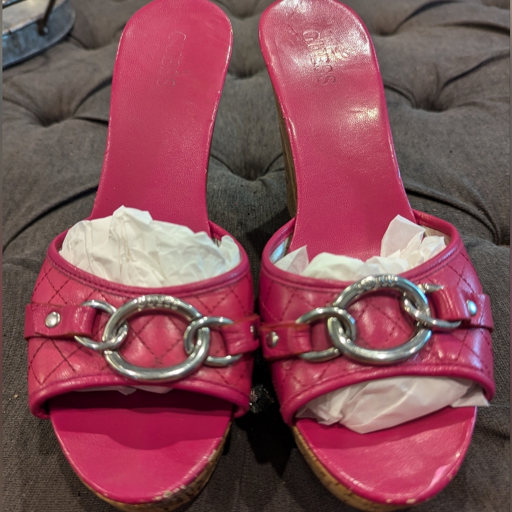 Guess Hot Pink Cork Platform Wedges 9